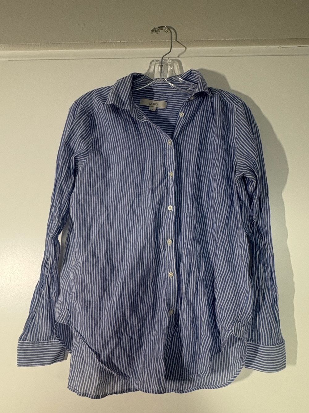Loft, blue and white striped linen button up blouse